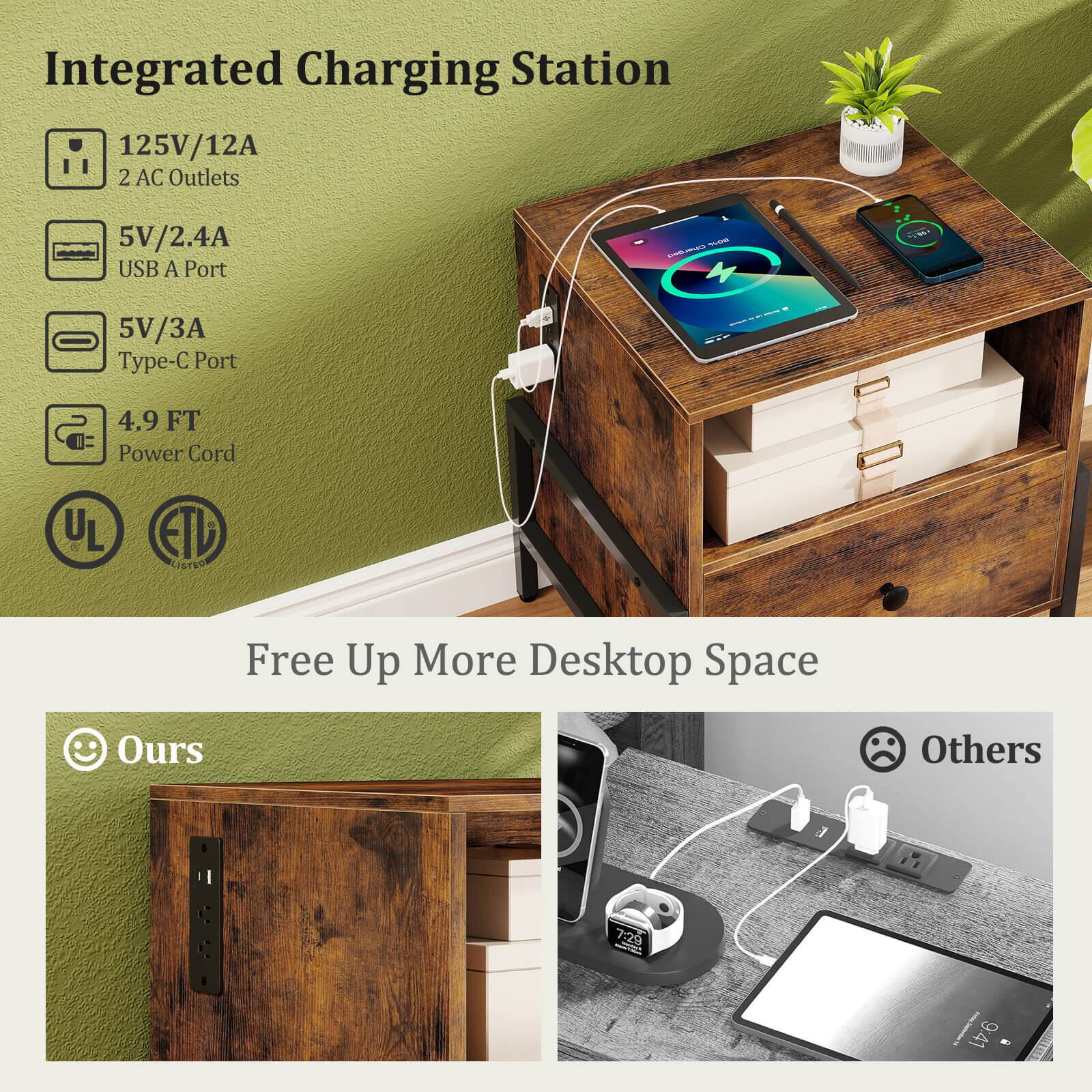 Integrated Charging Station  
125V/12A  
2 AC Outlets  
5V/2.4A USB A Port  
5V/3A Type-C Port  
4.9 FT Power Cord  
UL ETL LISTED  

Free Up More Desktop Space  

Ours  
Others