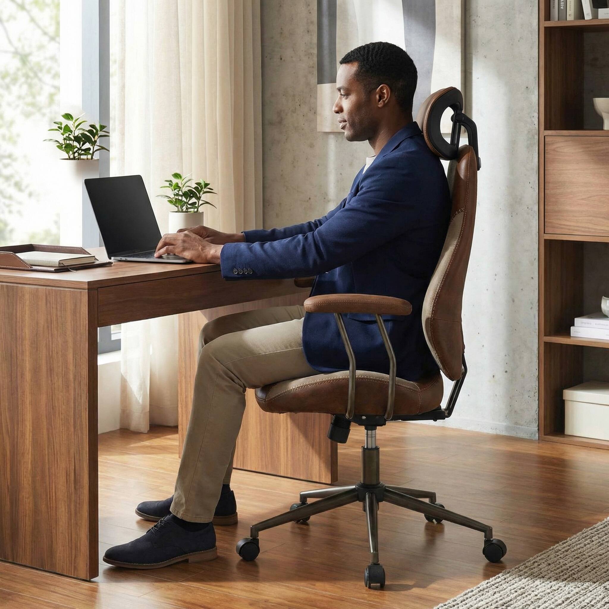 Front. Spaco - Spaco Suede and Flax Ergonomic Office Chair, 2D Adjustable Headrest with Rocking Function, for Home Office - Brown.