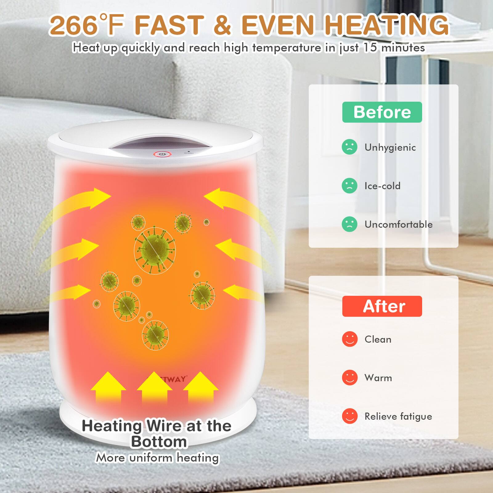 266°F FAST & EVEN HEATING  
Heat up quickly and reach high temperature in just 15 minutes  

Before  
- Unhygienic  
- Ice-cold  
- Uncomfortable  

After  
- Clean  
- Warm  
- Relieve fatigue  

Heating Wire at the Bottom  
More uniform heating