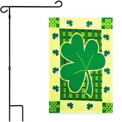 Front. G128 - Combo Pack: Garden Flag Stand 36 x 16 in & Large Clover Garden Flag 12 x 18 in. - Assorted Colors.