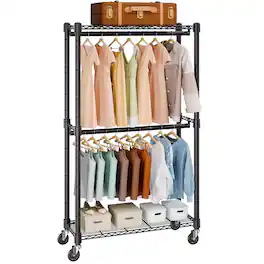 VEVOR - Heavy Duty Clothes Rack, Double Hanging Rods Clothing Garment Rack with Bottom and Top Storage Tier, Hold Up to 300Lbs - Black