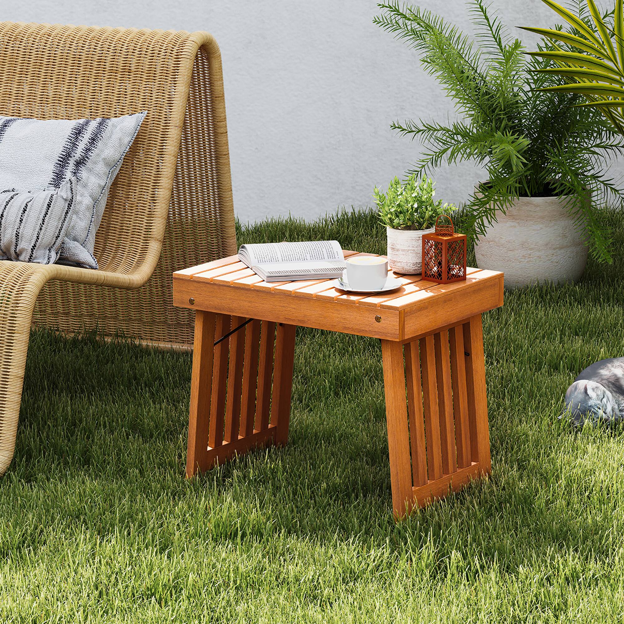 Alt View 1. Gymax - Gymax Outdoor Folding Side Table Patio Acacia Wood End Table w/ Slatted Tabletop - Teak.