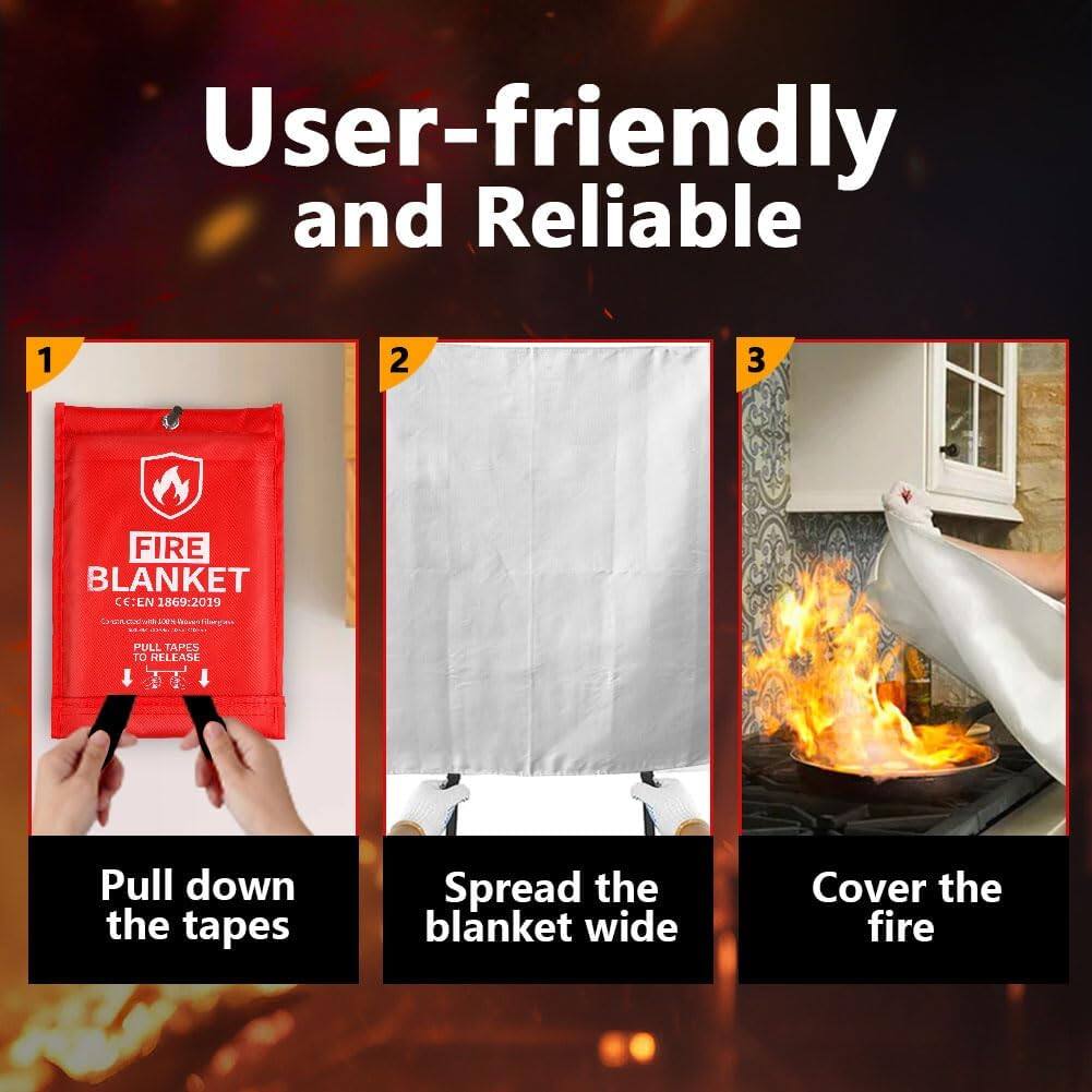 User-friendly and Reliable

1. Pull down the tapes
2. Spread the blanket wide
3. Cover the fire

FIRE BLANKET
CE EN 1869:2019