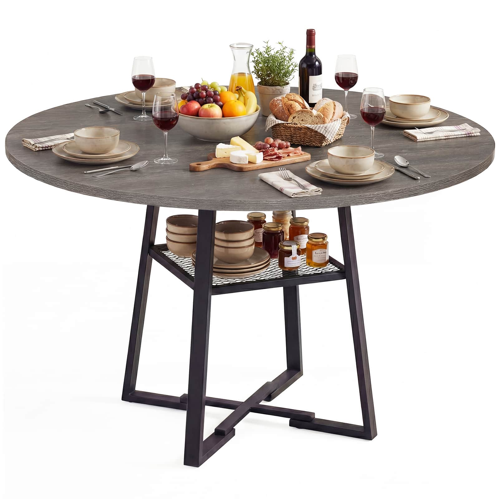 Gymax - Round Dining Table for 4-6 47.5'' Dining Room Table w/Storage Shelf & Metal Legs Grey & Black - Gray