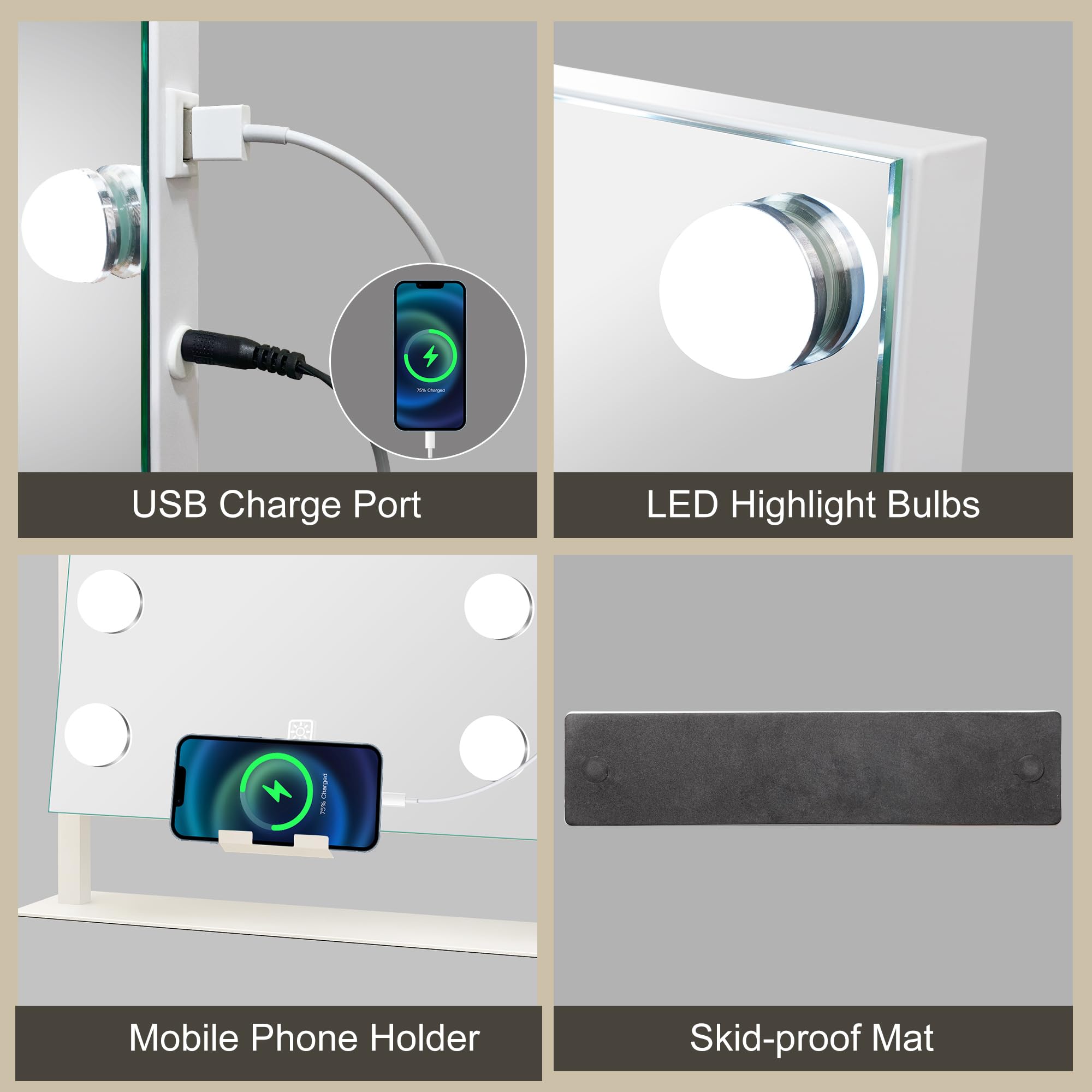 USB Charge Port  
LED Highlight Bulbs  
Mobile Phone Holder  
Skid-proof Mat