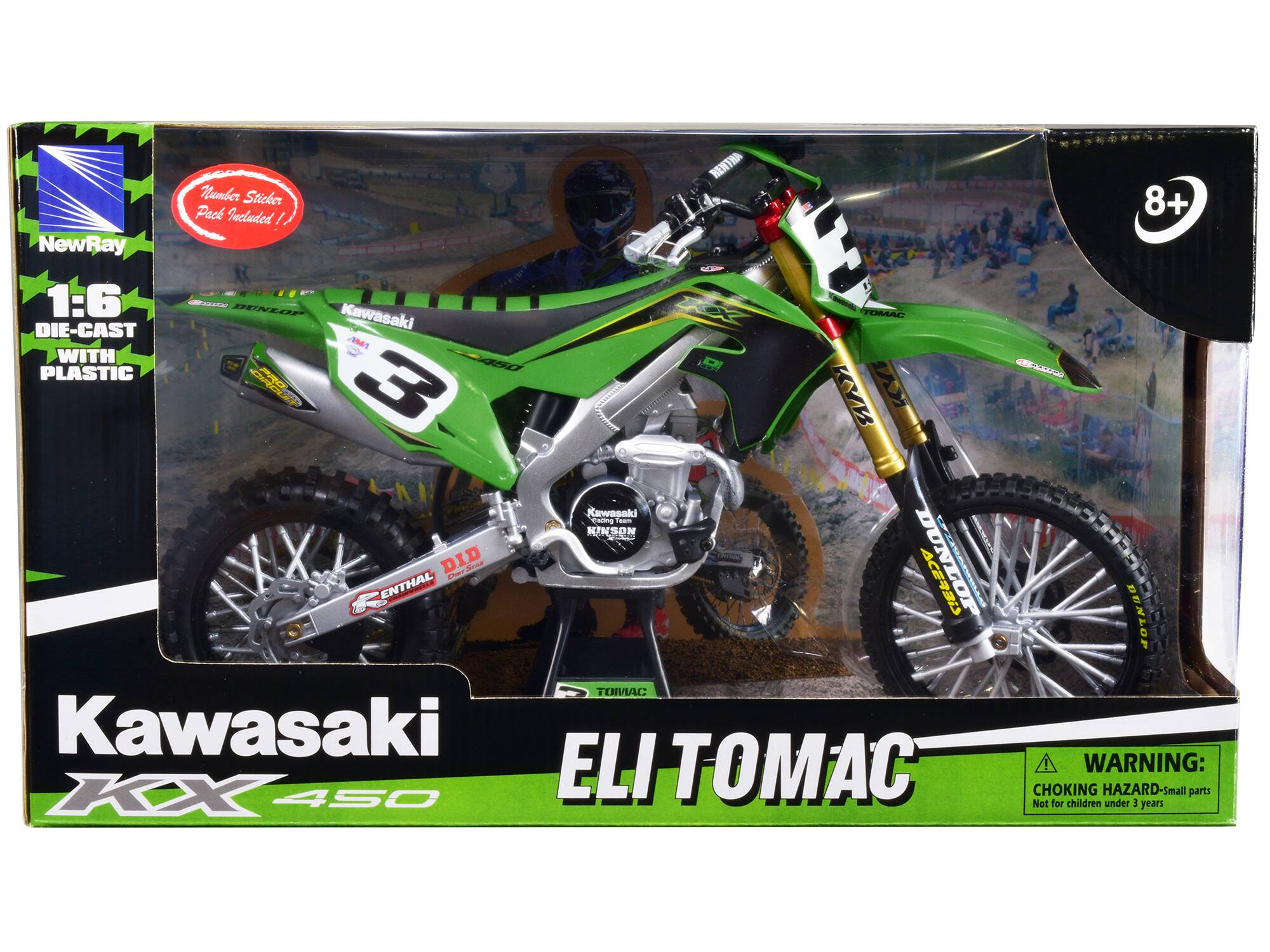 HENTHA Hawber Sticker 8+ Pack Included!!  
1 NewRay 1:6 - 12240 Kawasaki - TOMAC DIE-CAST WITH PLASTIC  
Kawasaki - KINSON A DUNLOP  
ENTHAL ACEAED AOTNUO TOMAC Kawasaki ELI  
WARNING: KX CHOKING HAZARD-5m Small parts Not for children under 3 years
