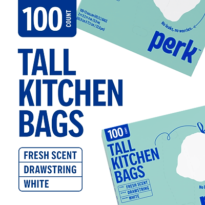 100 COUNT  
TALL KITCHEN BAGS  
FRESH SCENT  
DRAWSTRING  
WHITE  

100-13 2FTX2FT  
100-43GALLOW (49.21LBAGS GALLON (49.2L)  
1509cmX711cm/228pm)  
4m  

No leaks, no worries  
TALL KITCHEN BAGS  
100 COUNT  
FRESH SCENT  
DRAWSTRING  
WHITE