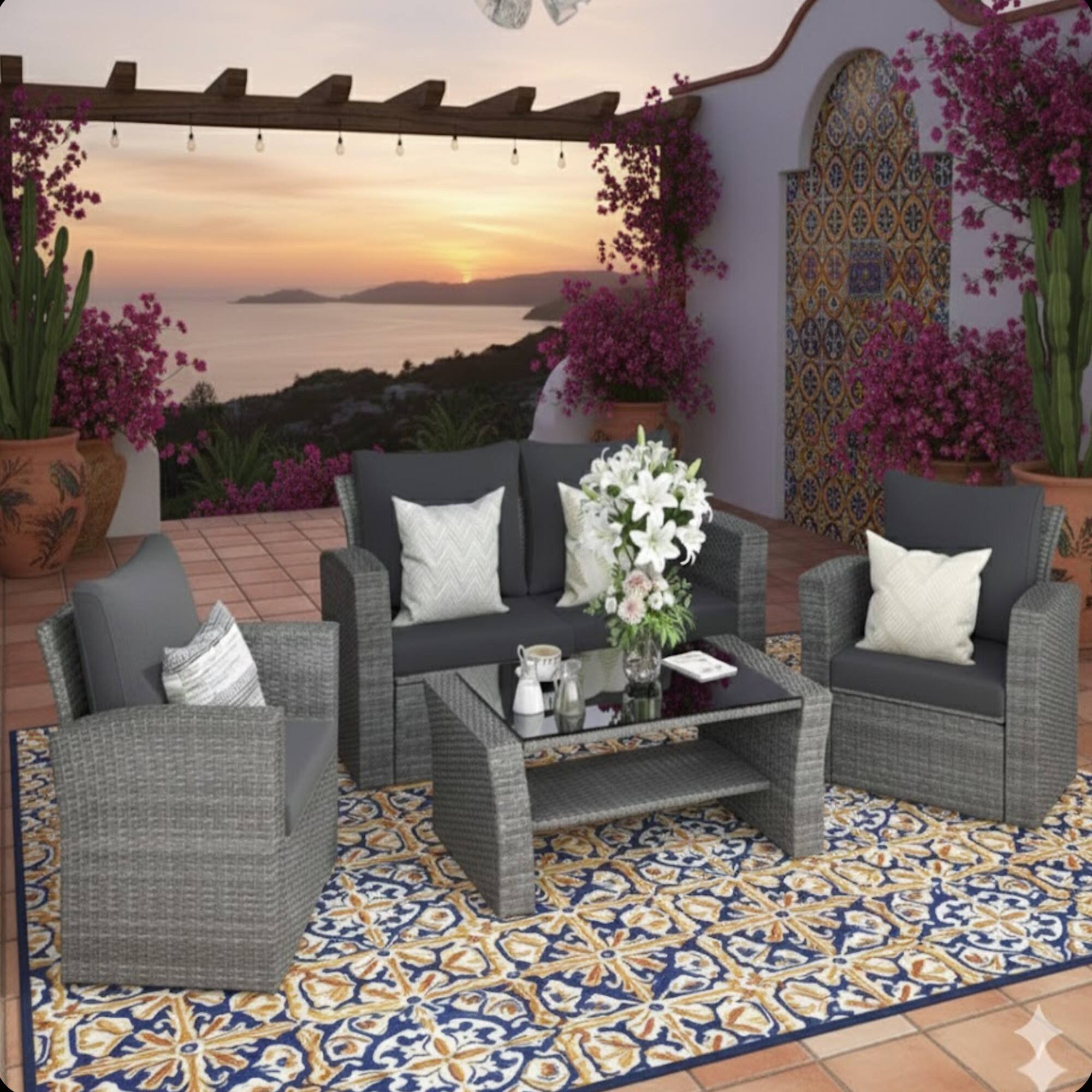 Angle. Mondawe - 4-Piece Wicker Patio Conversation Set with Glass Table and Cushions - Black+Brown.