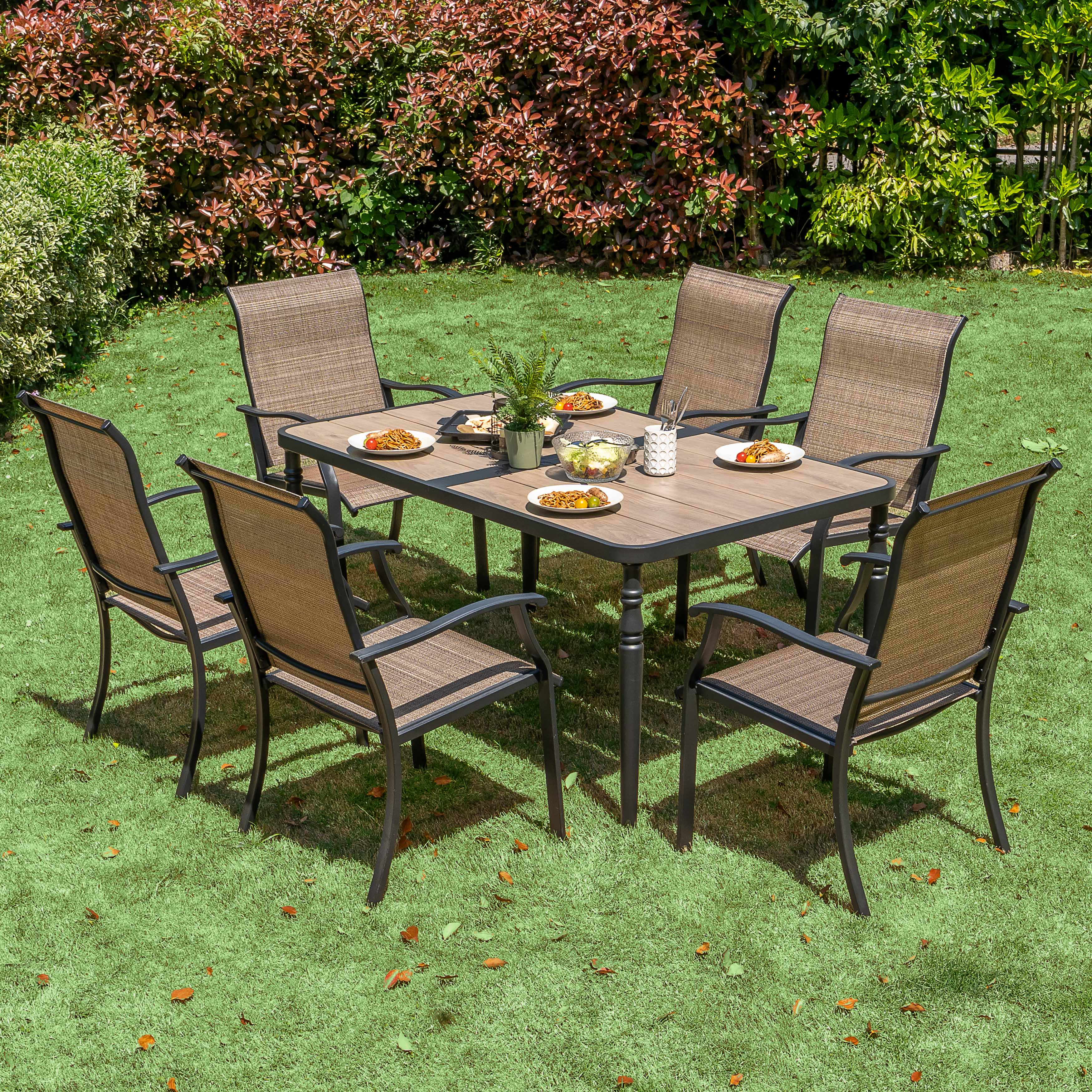 Angle. Nuu Garden - 7-Piece Patio Ergonomic Textilene and Metal Dining Set with Umbrella Hole - Wood-Grain Tabletop.