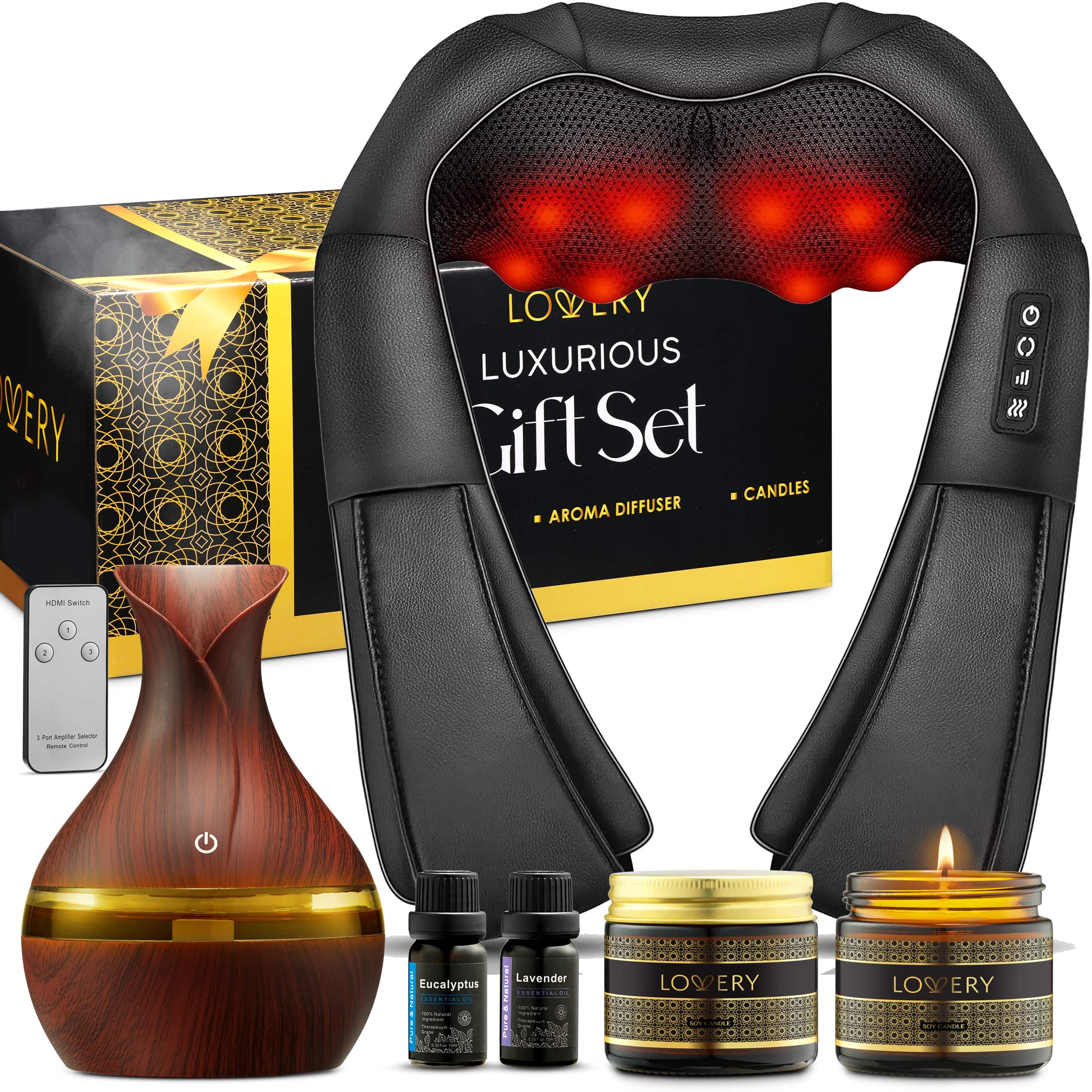 Lovery - Aromatherapy Spa Gift Set - 8pc Ultimate Relaxation Massage Kit - Black and Gold