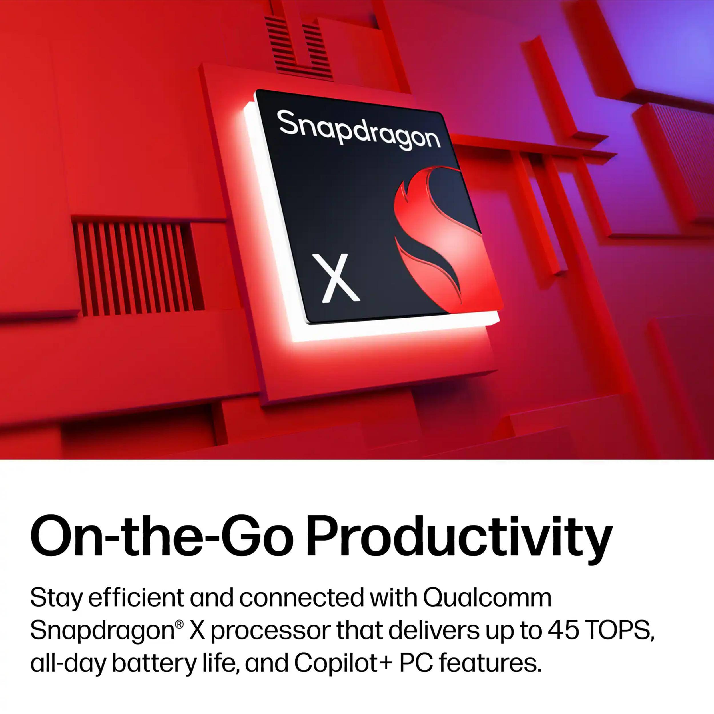 Snapdragon X On-the-Go Productivity

Stay efficient and connected with Qualcomm Snapdragon X processor that delivers up to 45 TOPS, all-day battery life, and Copilot+ PC features.