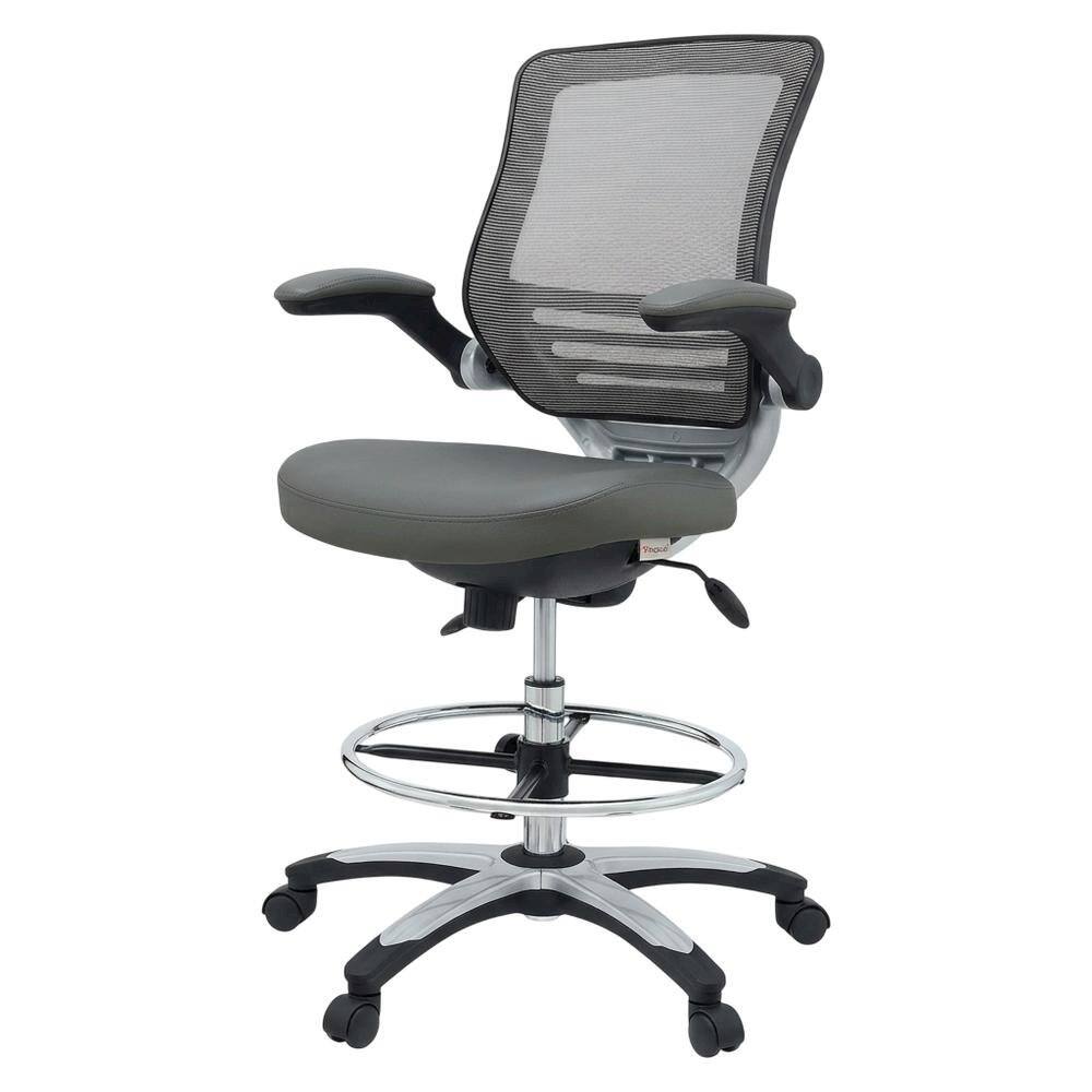 Left. FurniFact - Bicast Leather Task Drafting Chair with Armrests and Adjustable Height - Gray.