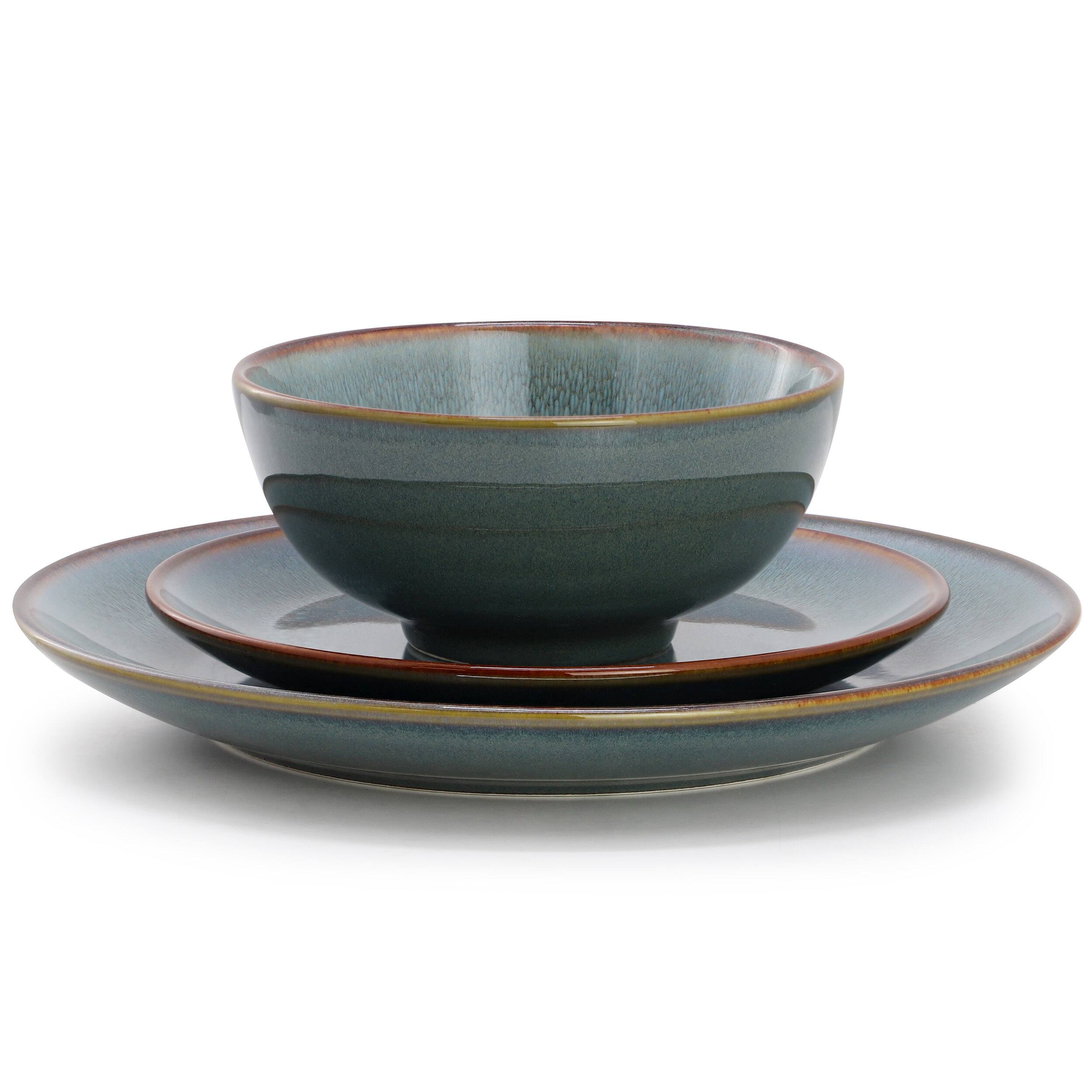Angle. Elama - Elama Betty 18 Piece Stoneware Dinnerware Set in Blue with Brown Rim, Service for 6 - Blue.