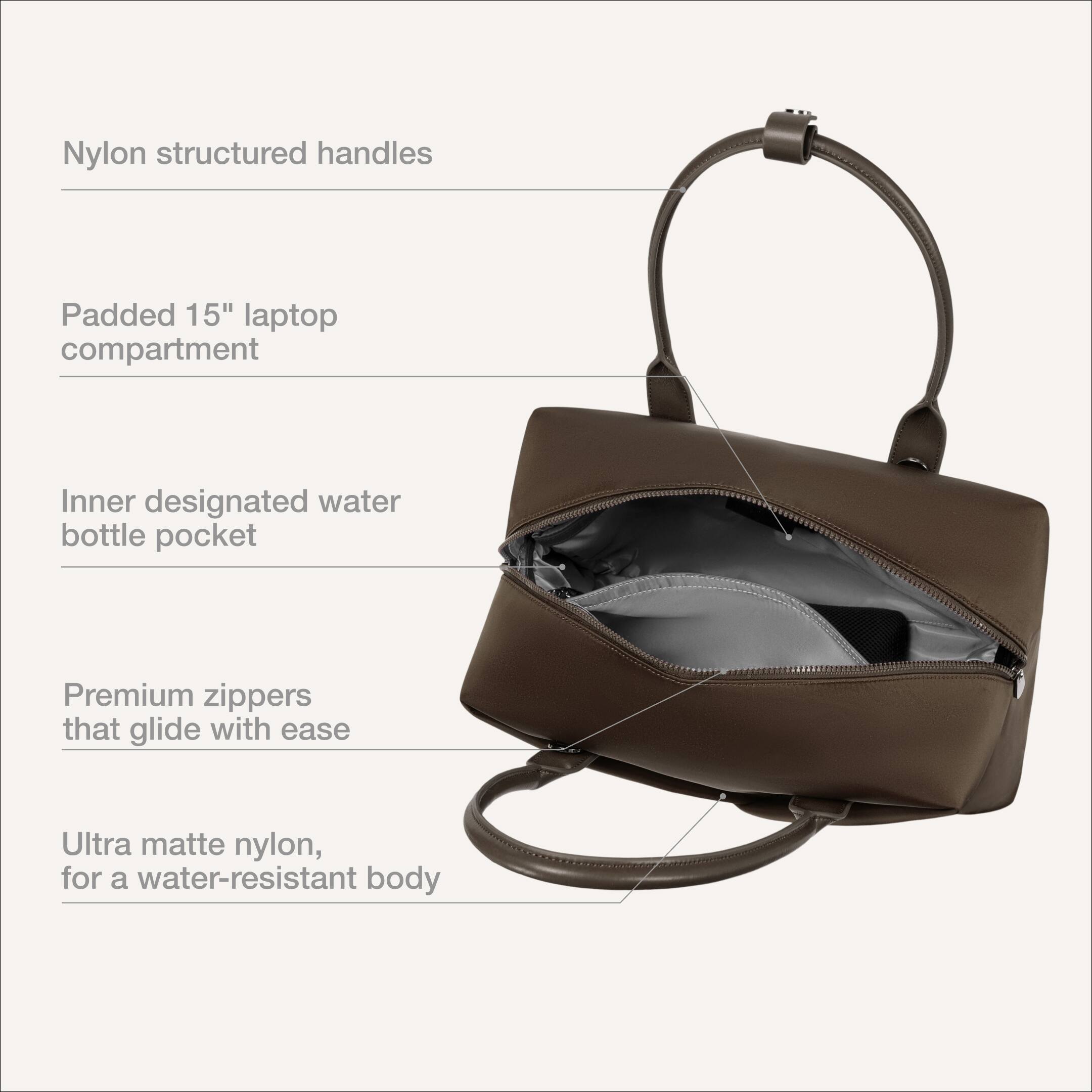 Nylon structured handles  
Padded 15" laptop compartment  
Inner designated water bottle pocket  
Premium zippers that glide with ease  
Ultra matte nylon, for a water-resistant body