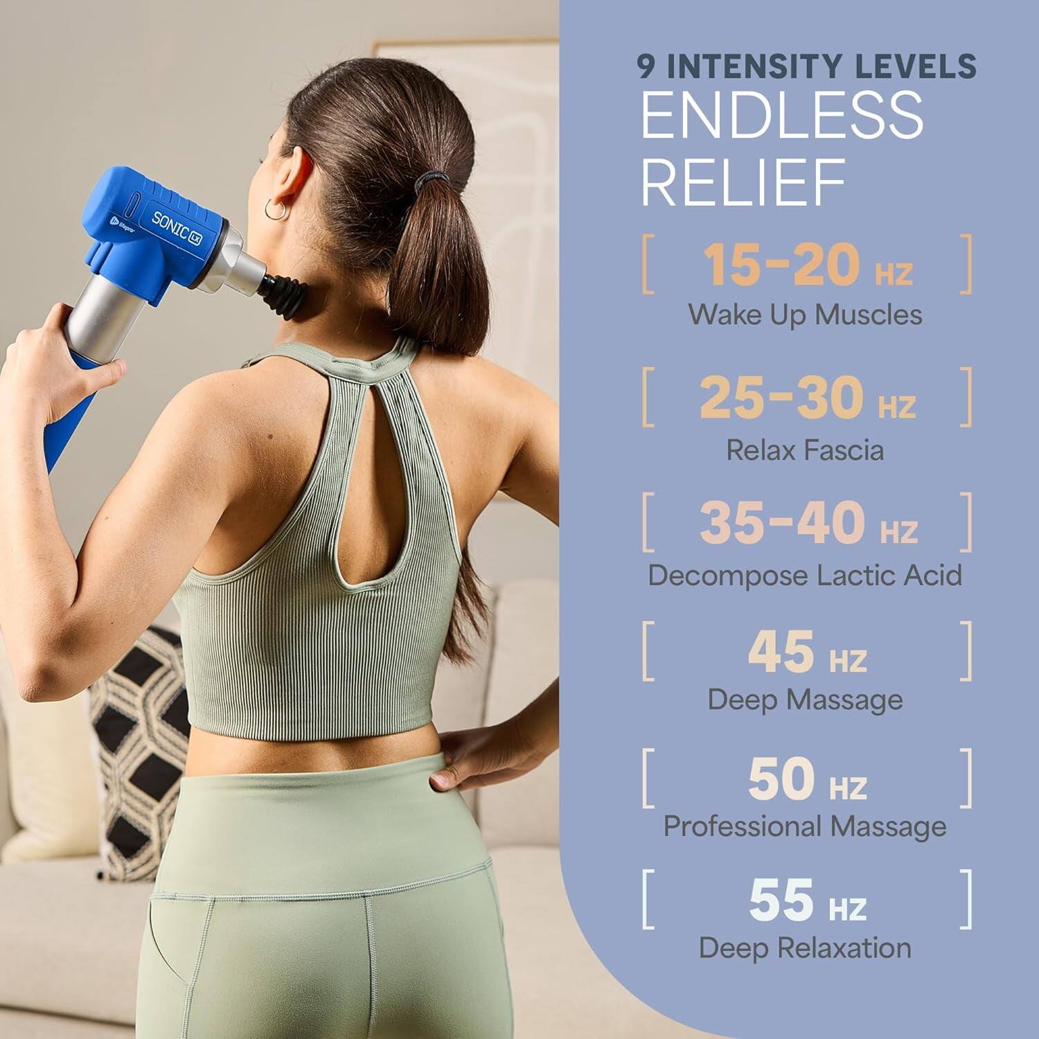 SONIC 9 INTENSITY LEVELS ENDLESS RELIEF  
[15-20 Hz] Wake Up Muscles  
[25-30 Hz] Relax Fascia  
[35-40 Hz] Decompose Lactic Acid  
[45 Hz] Deep Massage  
[50 Hz] Professional Massage  
[55 Hz] Deep Relaxation