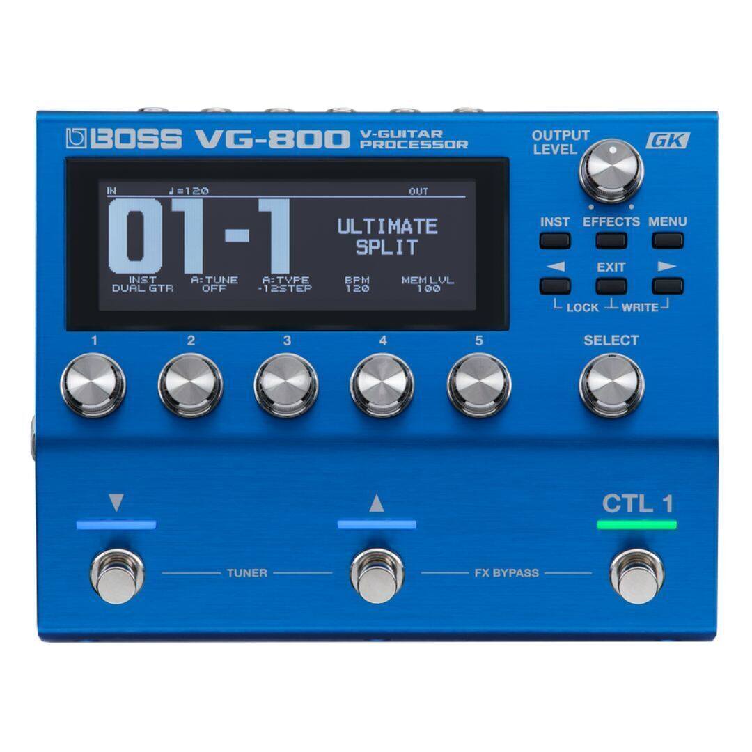 V-GUITAR BOSS VG-800 PROCESSOR IN J=120 OUT ULTIMATE 01-1 SPLIT IT INST A:TUNE A:TYPE BPM MEM VL DUAL GTR OFF -12STEP 120 1 100 OUTPUT GK LEVEL INST EFFECTS MENU EXIT L LOCK WRITE- 1 2 3 4 5 SELECT CTL 1 TUNER FX BYPASS