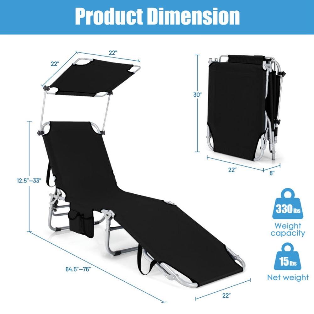 Product Dimension:  
- Length: 64.5" - 76"  
- Width: 22"  
- Height: 30"  
- Seat Height: 12.5" - 33"  
- Folded Height: 8"  
- Folded Width: 22"  

Weight Capacity: 330 lbs  
Net Weight: 15 lbs