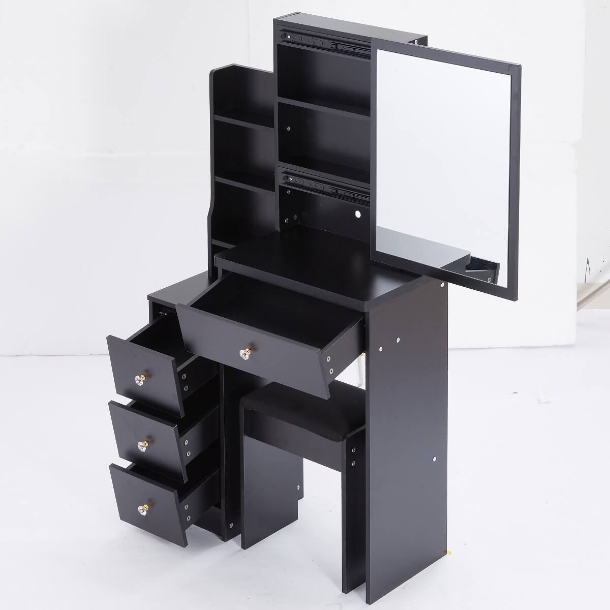 Back. Loheer - Loheer Small Space Makeup Vanity with Sliding Mirror and Stool, Black MDF - Black.