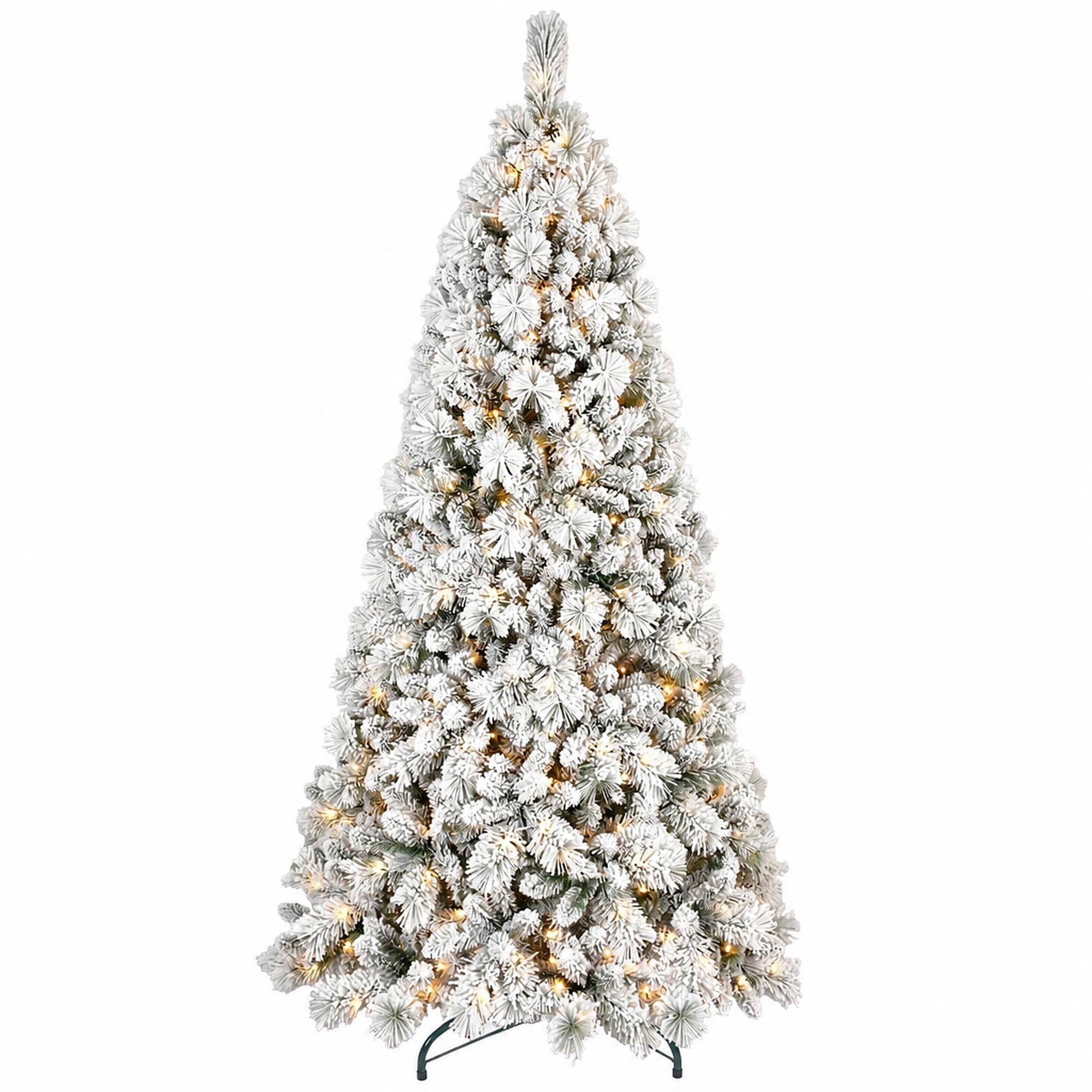 Front. RYHNUYNE - 7.5FT Flocked Pre-Lit Christmas Tree, 500 Warm White LED Lights 1252 Tips PVC Hard Needle Hinged Design - Green,White.