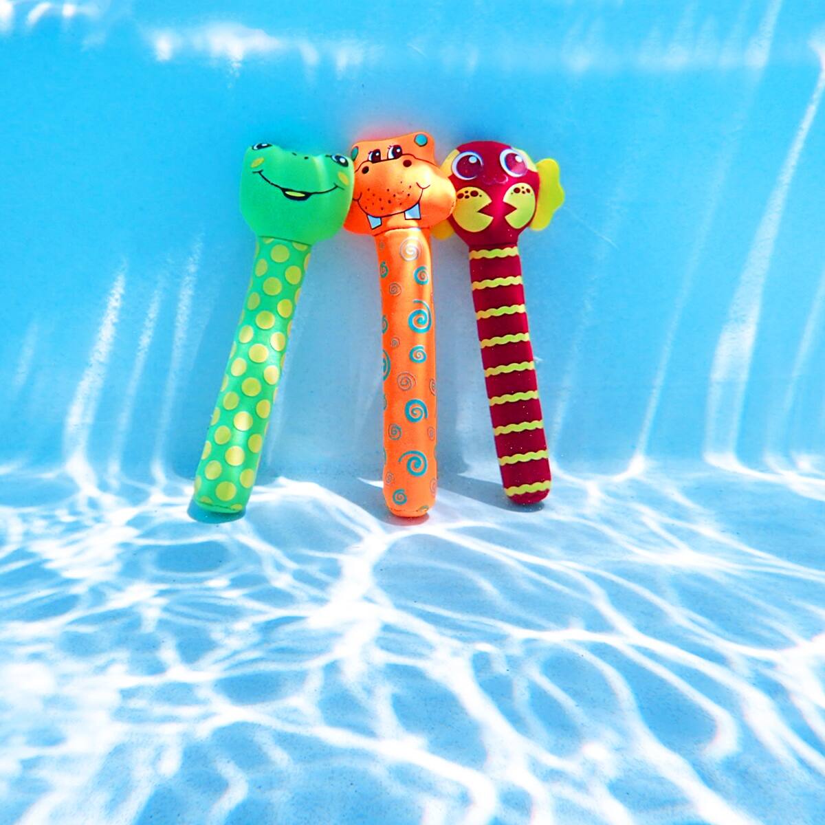 Front. Swimline - Animal Neoprene Weighted Swimming Pool Diving Sticks - 7" - Multicolor - Set of 3 - Green.