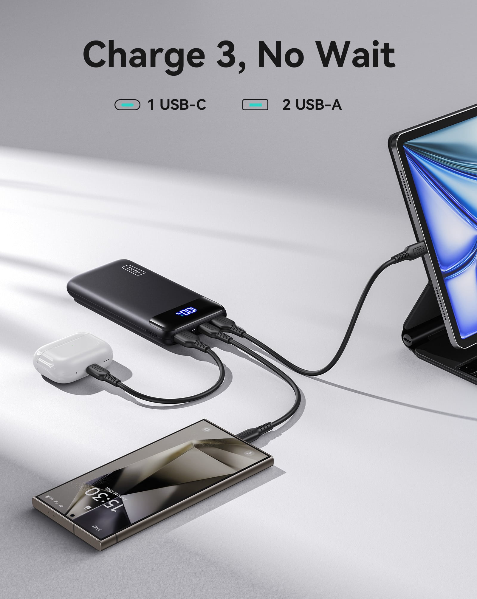 Charge 3, No Wait 1 USB-C 2 USB-A