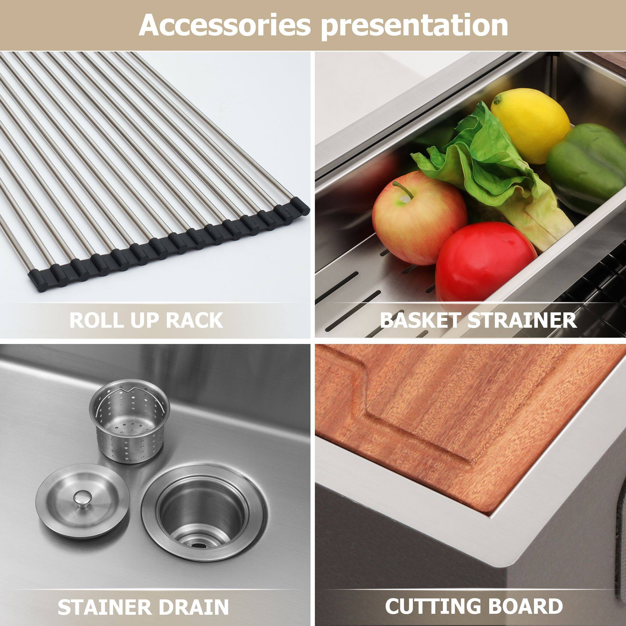 Accessories presentation

- ROLL UP RACK
- BASKET STRAINER
- STAINER DRAIN
- CUTTING BOARD