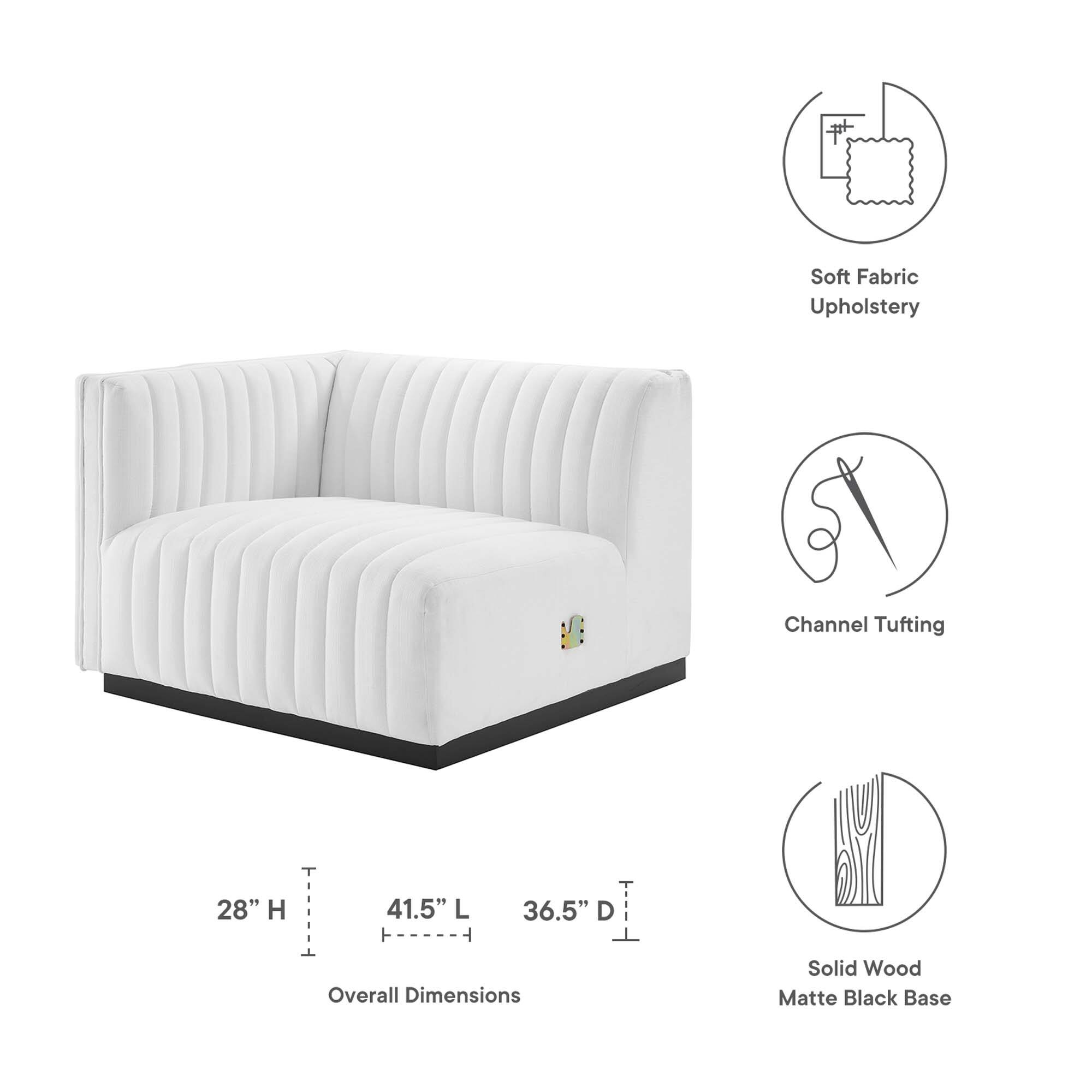 Soft Fabric Upholstery  
Channel Tufting  
28" H x 41.5" L x 36.5" D  
Overall Dimensions  
Solid Wood Matte Black Base