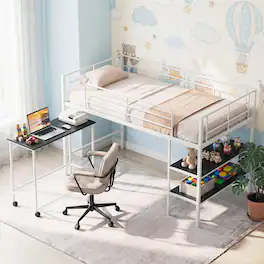 Gymax - Twin Size Loft Bed w/Rolling Desk & Bookshelf Metal Slats for Bedroom Dormitory - White