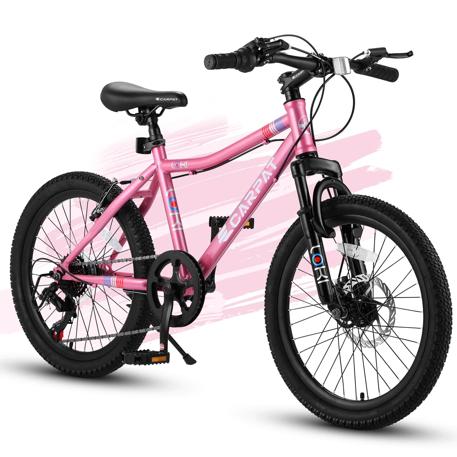 Aukfa - 20 Inch Kids Mountain Bike - Steel Frame, 7 Speed Gears, Front Suspension, Disc & V-Brake for Ages 6-12 - Pink