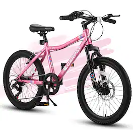 Anysun - 20 Inch Kids Mountain Bike - Steel Frame, 7 Speed Gears, Front Suspension, Disc & V-Brake for Ages 6-12 - Pink