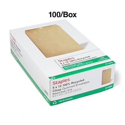 100/Box  
Staples 9 x 12 100% Recycled Gummed Clasp Envelopes  
100% Recycled Envelopes  
9 x 12 Gummed Clasp  
24 di 5 CIT Kraft X 30 Natural  
9 cm in 22 in X 12  
100 Envelopes  
ST12064