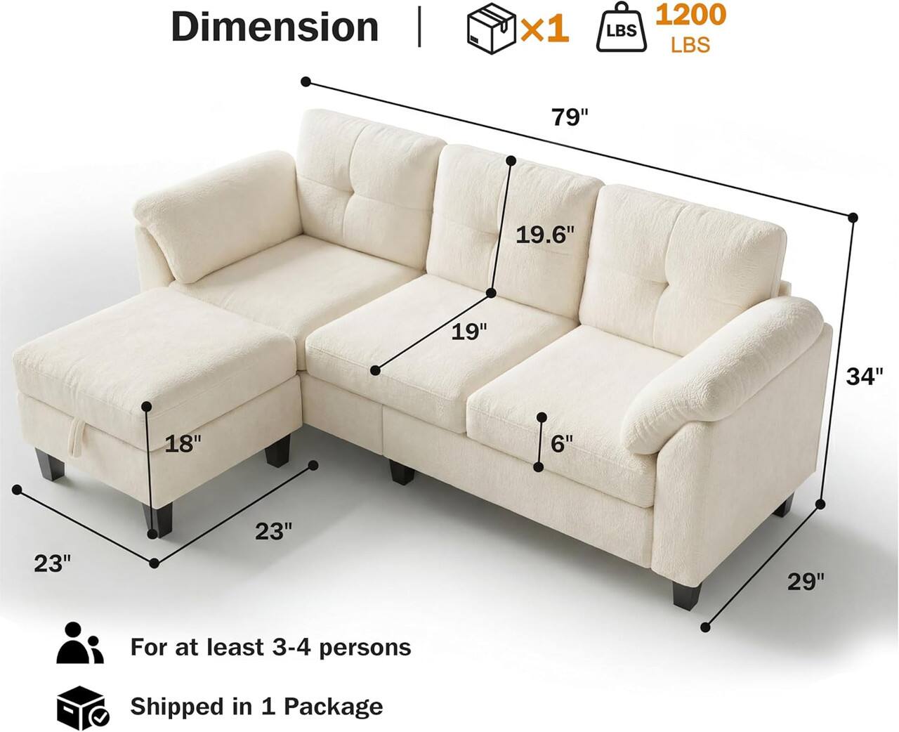 Dimension | x1 1200 LBS  
79" 19.6" 19" 34" 18" 6" 23" 23" 29"  
For at least 3-4 persons  
Shipped in 1 Package