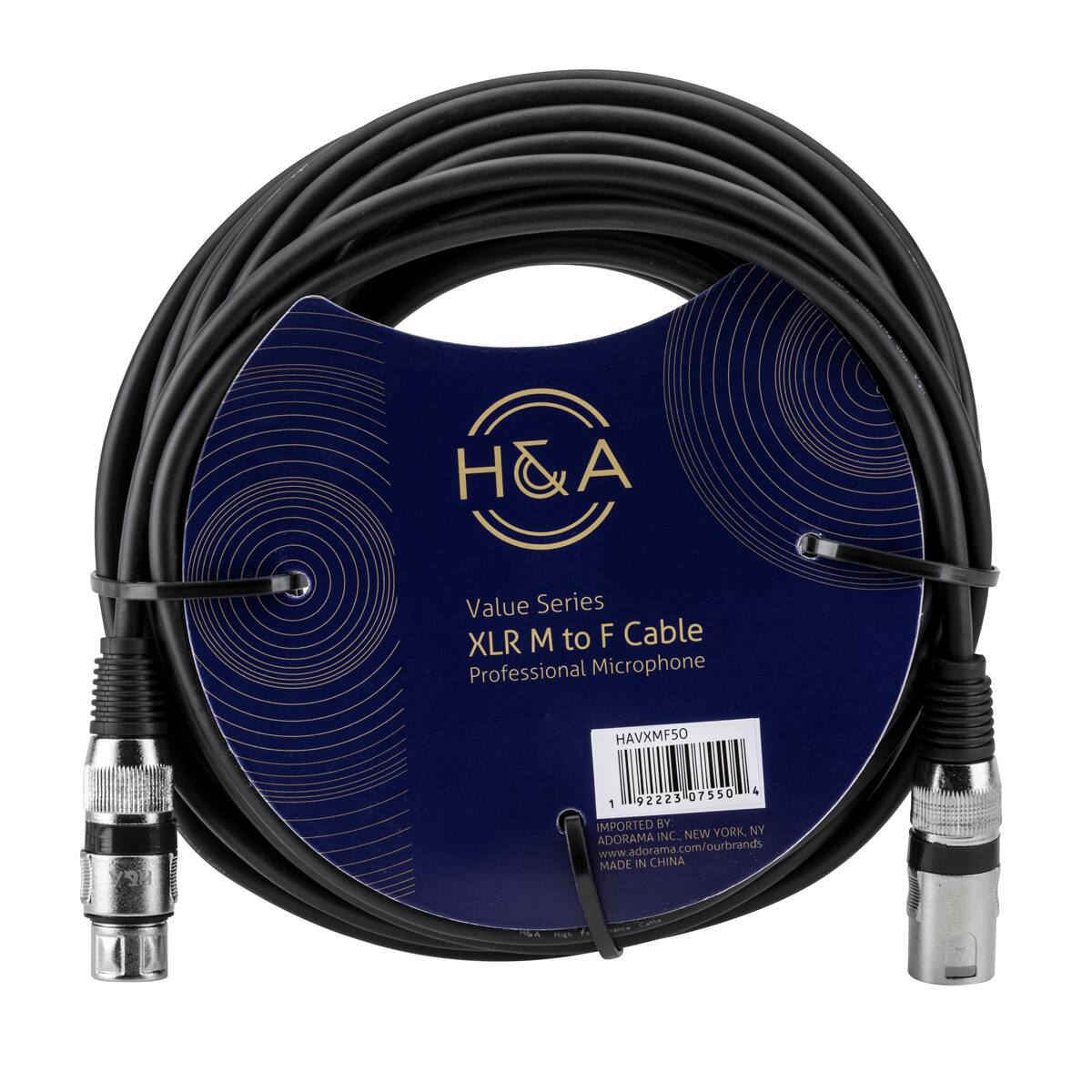 H&A  
Value Series XLR M to F Cable Professional Microphone  
HAVXMF50  
07550 4 1 92223  
IMPORTED BY: NEW YORK, NY ADORAMA INC., www.adorama.com/ourbrands  
MADE IN CHINA