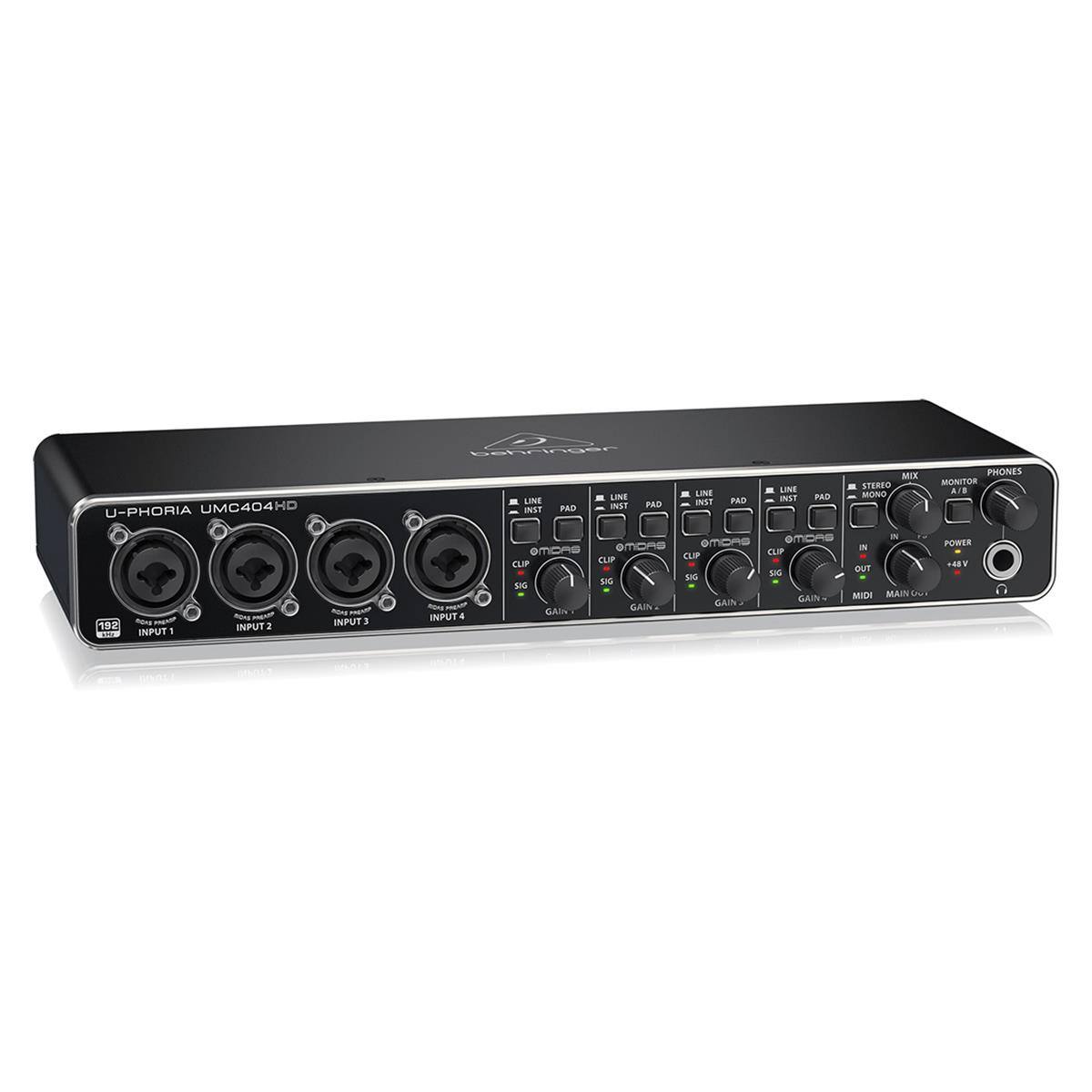 U-PHORIA UMC404HD

LINE - LINE INST PAIR INST PAD LINE INST PAD LINE INST PAD

MX - STEREO MONO PHONES MONITOR

AIB 18Z

INPUT 1 -s - INPUT . - - INPUT 1 - - INPUT . 

emons amone emone GIT emone CLIP IN CLP CLP CLIP OUT DC SC

G GAIN MIDI GAIN GAIN GANL

MAIN L

POWER BY maAM
