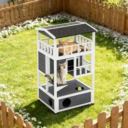 Siljoy - Outdoor Cat House, Feral Cat Shelter with Asphalt Roof, Escape Doors & Jump Platform, Wooden