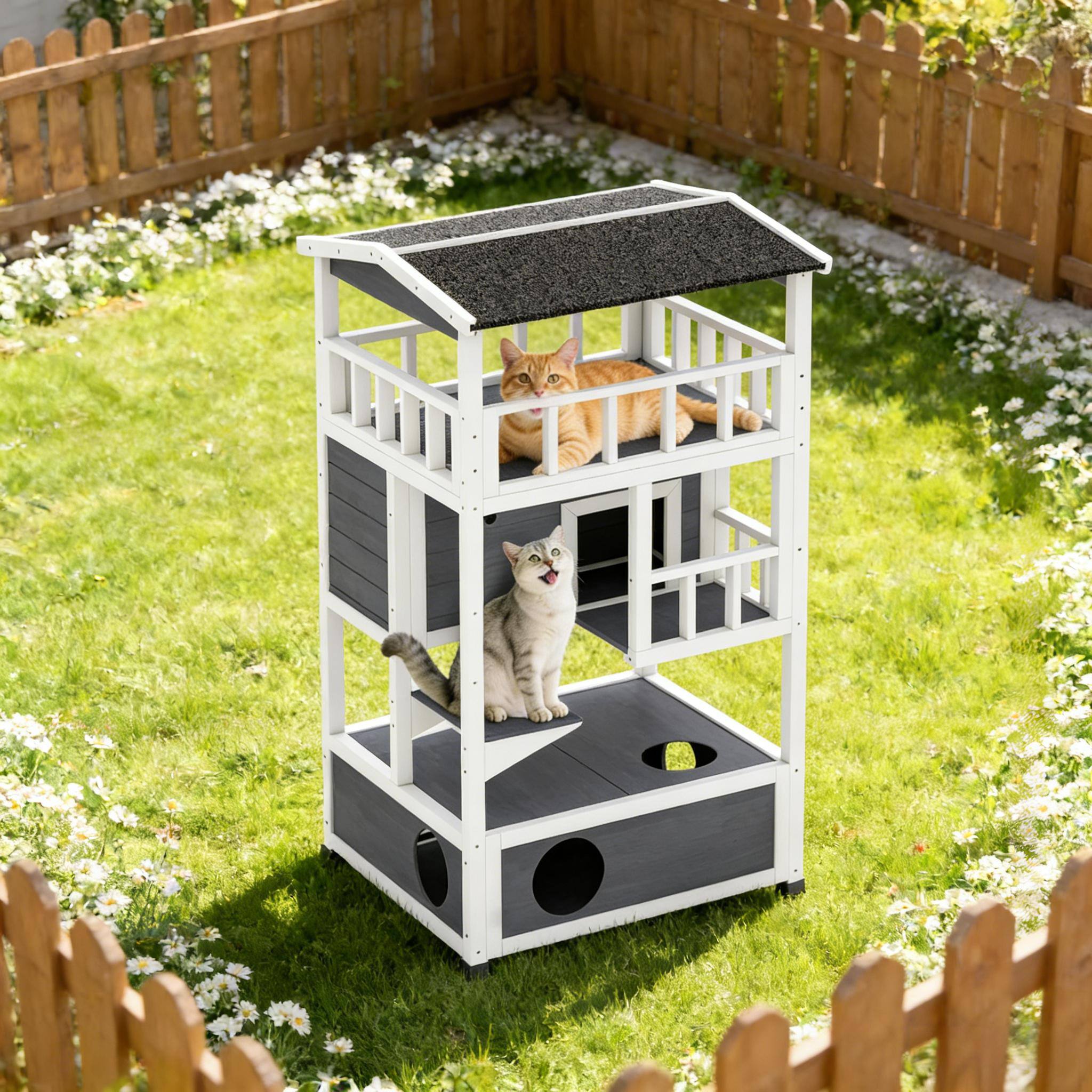 Front. Siljoy - Outdoor Cat House, Feral Cat Shelter with Asphalt Roof, Escape Doors & Jump Platform, Wooden.