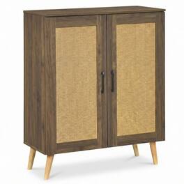 Costway - Rattan Shoe Cabinet with 3 Removable Shelves,5-Tier Narrow Cabinet Wood Legs - Walnut