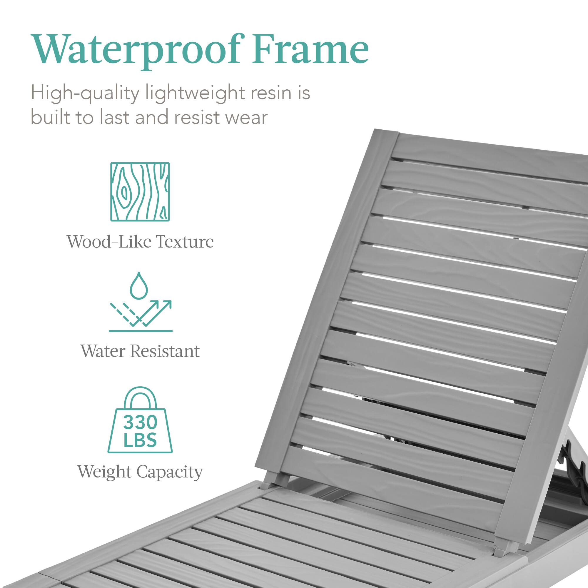 Waterproof Frame

High-quality lightweight resin is built to last and resist wear

- Wood-Like Texture
- Water Resistant
- 330 LBS Weight Capacity