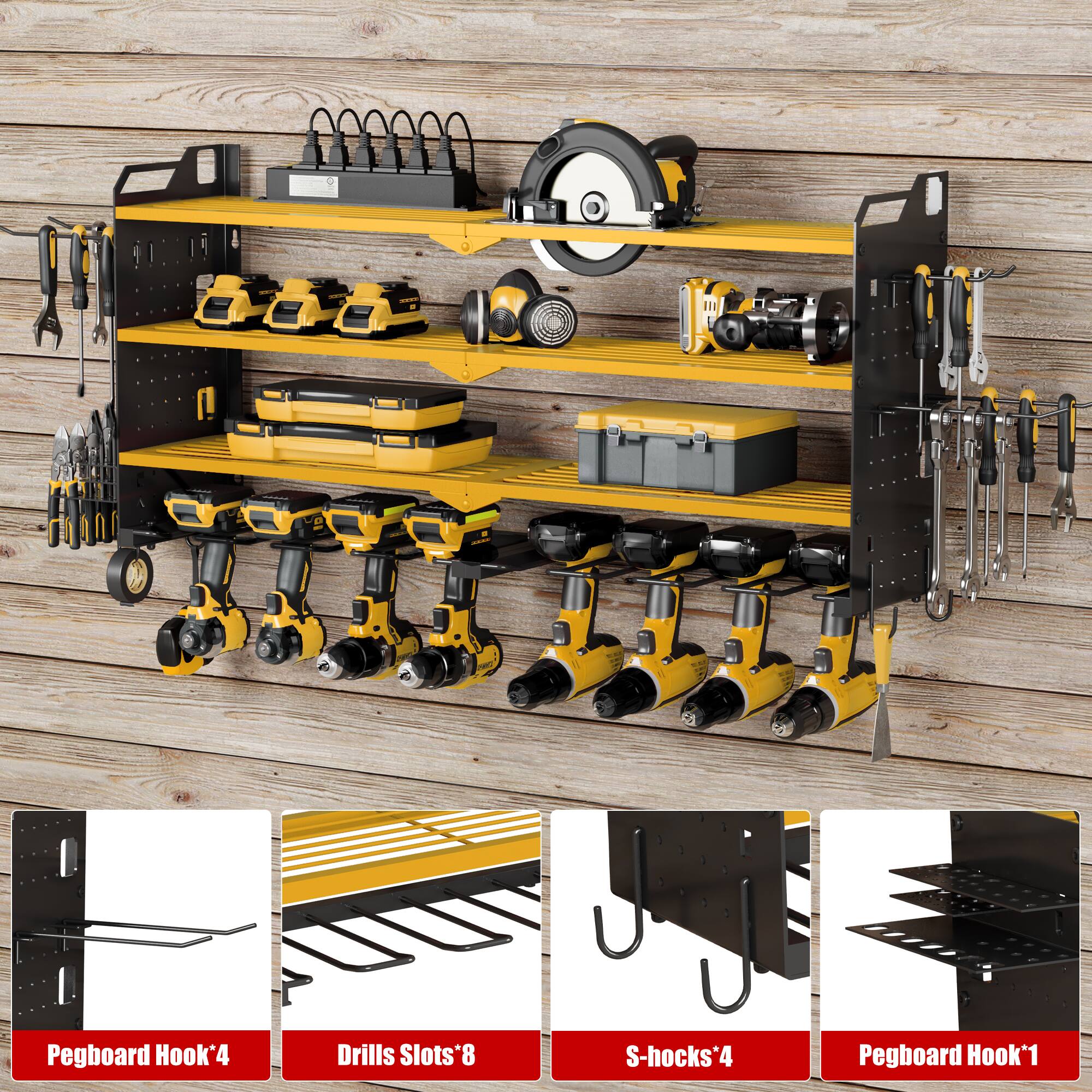 - Pegboard Hook*4
- Drills Slots*8
- S-hooks*4
- Pegboard Hook*1