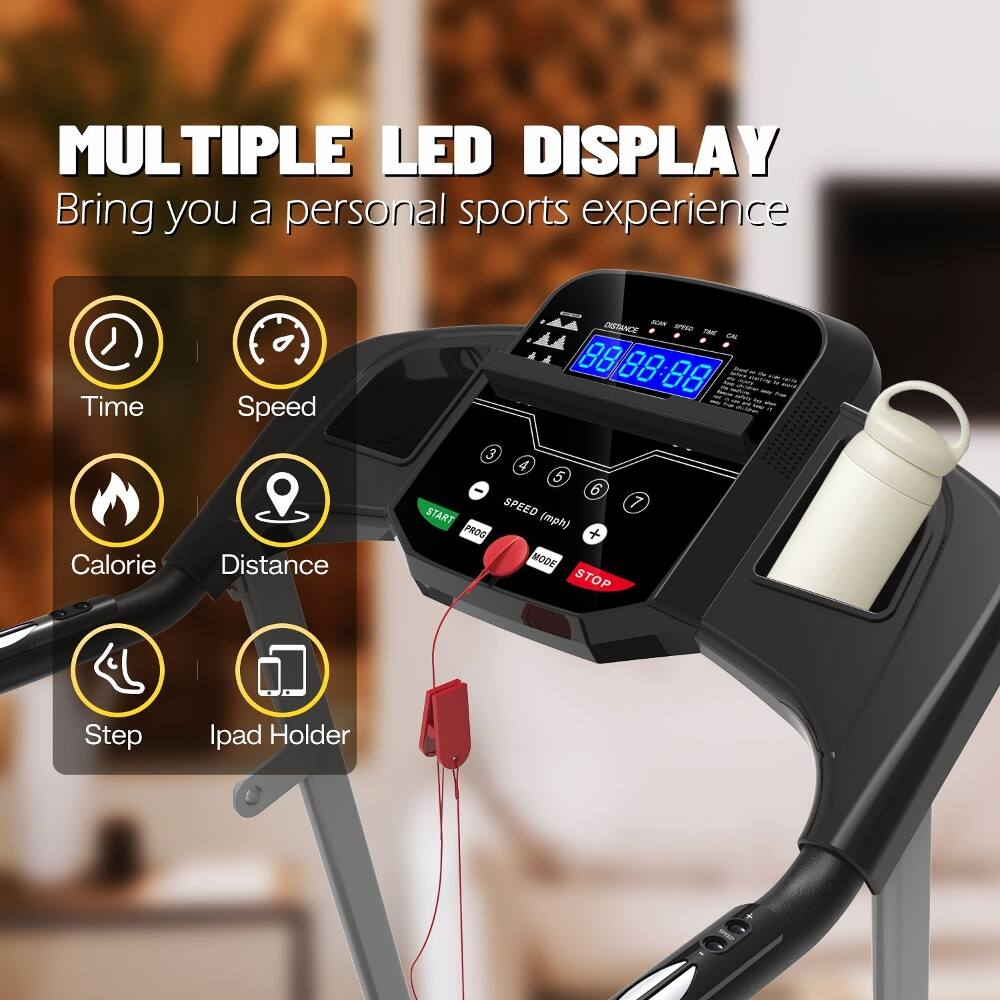 MULTIPLE LED DISPLAY  
Bring you a personal sports experience  

Time  
Speed  
Calorie  
Distance  
Step  
Ipad Holder  

88:88:88  
88 - -  
Calorie Distance  
3 4 5 6  
SPEED (mph)  
START  
PROG +  
BOOM STOP
