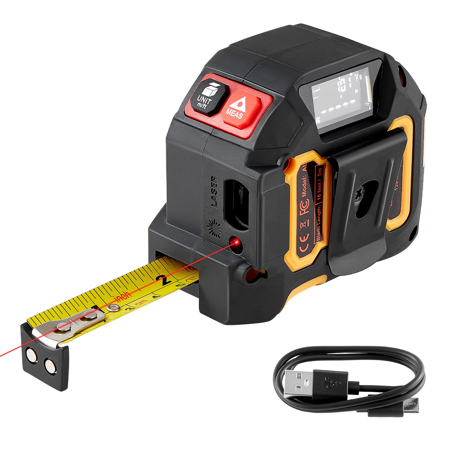 VEVOR - 2-in-1 Laser Tape Measure, 135Ft Rechargeable Laser Measurement Tool & 16Ft Measuring Tape with Magnetic - Orange+Black