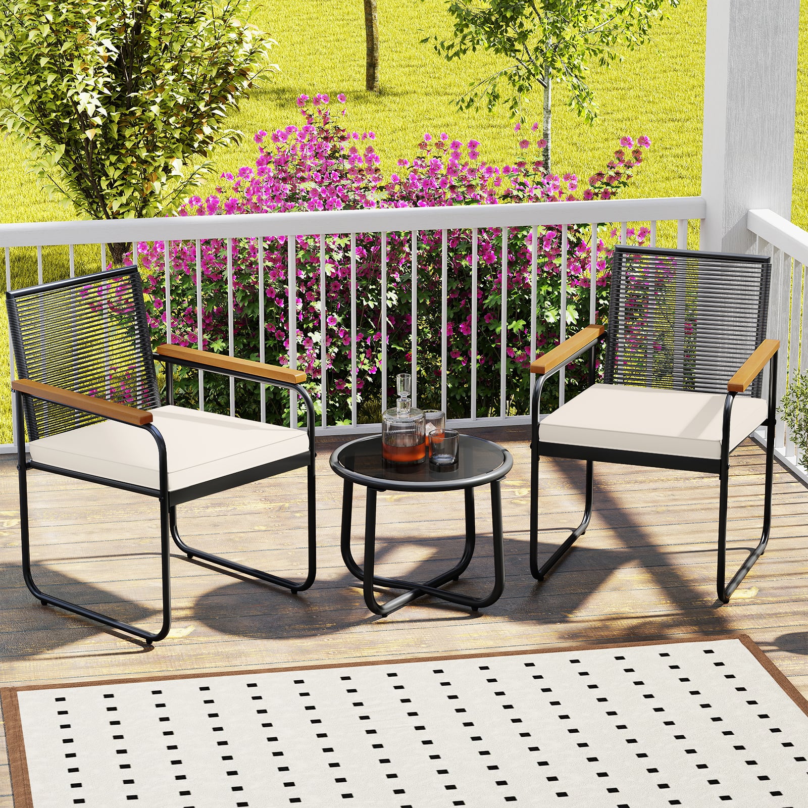 Costway - 3 PCS Patio Furniture Set with Round Tempered Glass Top Table Armrests & Cushions - Black