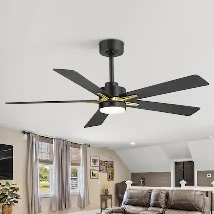 Front. Breezary - 52-Inch Indoor LED Ceiling Fan with 5 Plywood Blades, DC Motor, 5/10'' Downrods, Remote Control, Reversible, for Bedroom - Gold and Black.