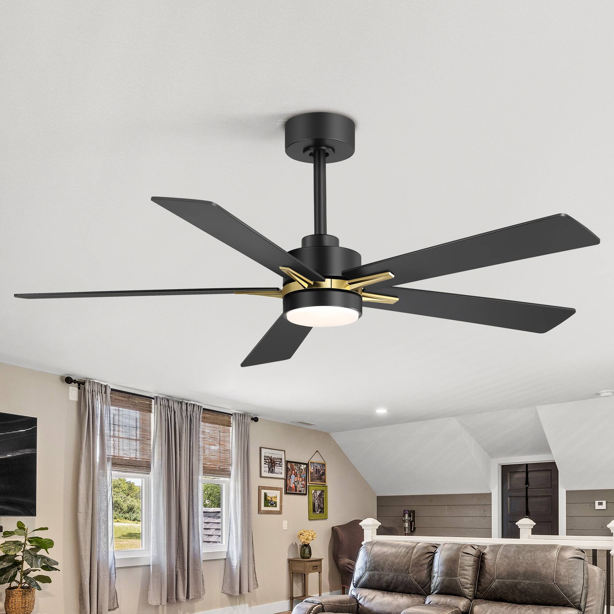 Breezary - 52-Inch Indoor LED Ceiling Fan with 5 Plywood Blades, DC Motor, 5/10'' Downrods, Remote Control, Reversible, for Bedroom - Gold and Black