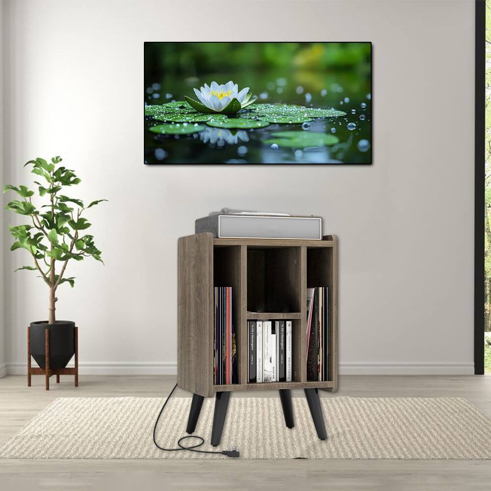 Front. Hivvago - Modern Turntable Console with 4 Open Storage Levels - Gray.