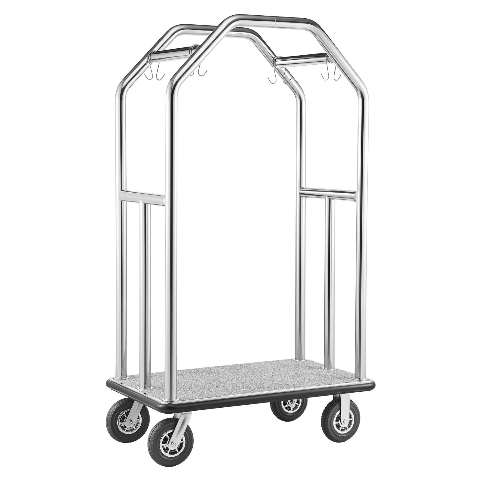 Alt View 5. VEVOR - Hotel Luggage Cart, 1500 lbs Heavy Duty Bellman Cart with Stainless Steel Frame, 8 in Rubber Wheels, Gray Carpeted Deck - Silver.