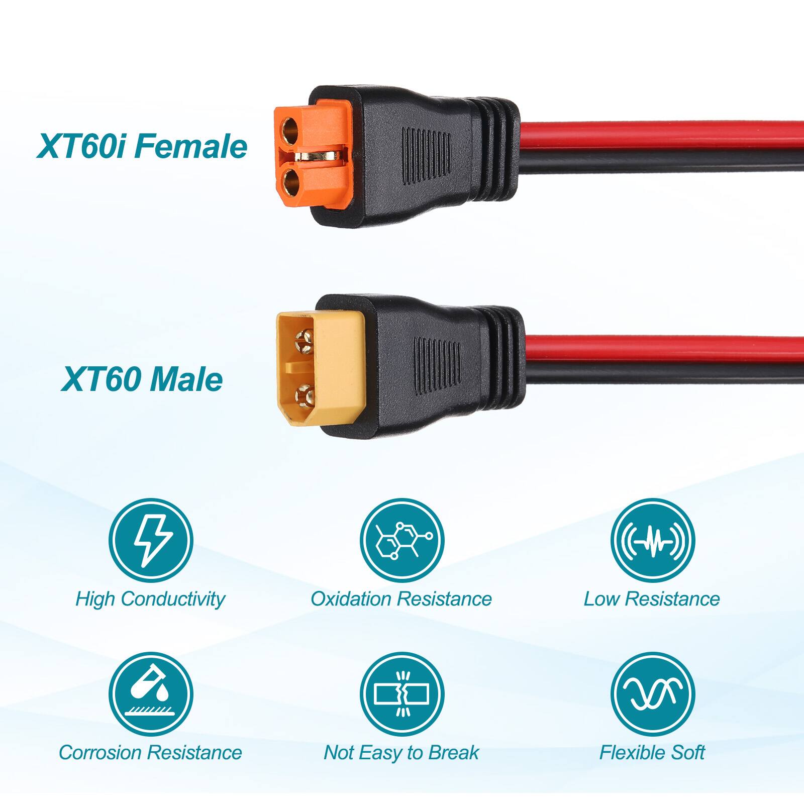 XT60i Female  
XT60 Male  
High Conductivity  
Oxidation Resistance  
Low Resistance  
Corrosion Resistance  
Not Easy to Break  
Flexible Soft