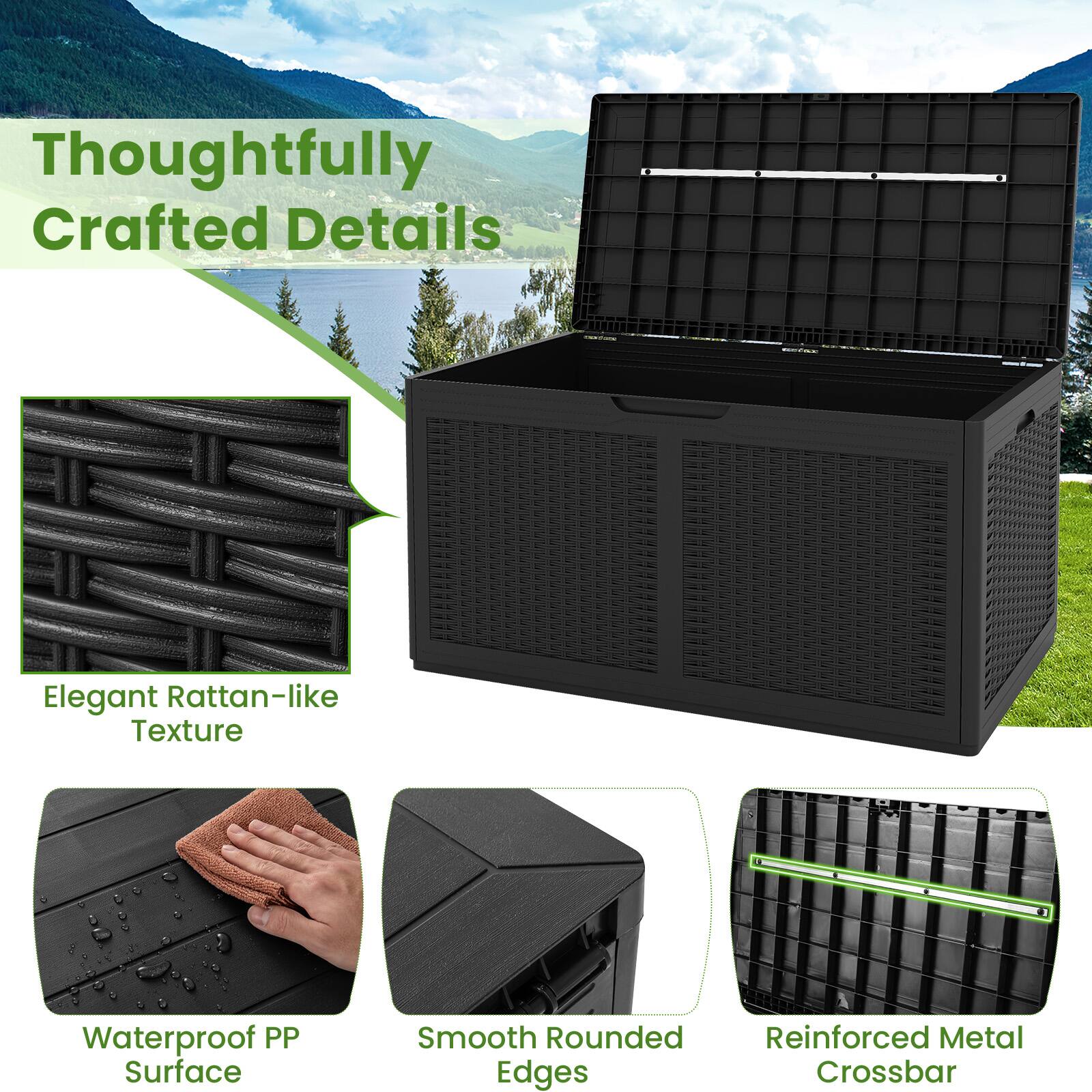 Thoughtfully Crafted Details

Elegant Rattan-like Texture

Waterproof PP Surface

Smooth Rounded Edges

Reinforced Metal Crossbar