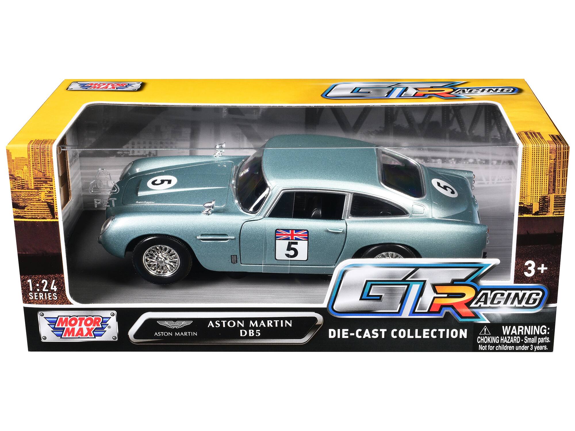 Sure, here is the corrected and grouped text from the image:

---

**MOTOR MAX**

**GT RACING**

**ASTON MARTIN DB5**

**DIE-CAST COLLECTION**

**1:24 SERIES**

**ASTON MARTIN**

**3+**

**WARNING: CHOKING HAZARD - Small parts. Not for children under 3 years.**

---

This text is organized to reflect the branding, model details, and safety warning as seen on the packaging.