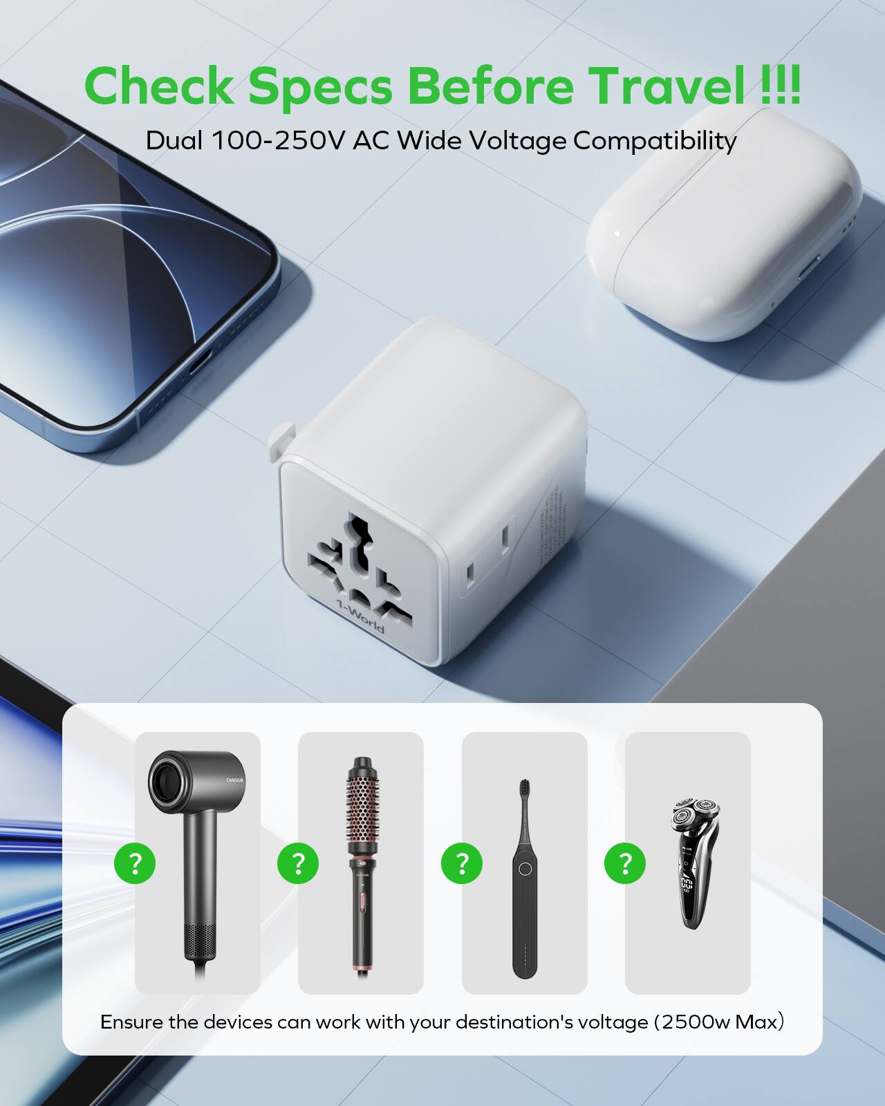 Check Specs Before Travel!!!

Dual 100-250V AC Wide Voltage Compatibility

Ensure the devices can work with your destination's voltage (2500w Max)